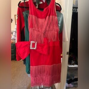 Vintage 1970’s handmade costume Red Fringe Dress with Bow